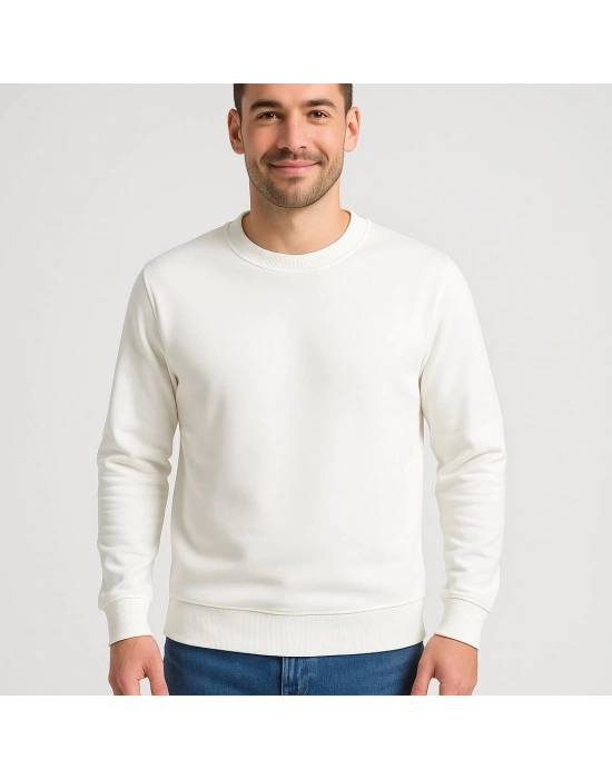 Erkek Üç İplik Düz Bisiklet Yaka SweatShirt - Beyaz