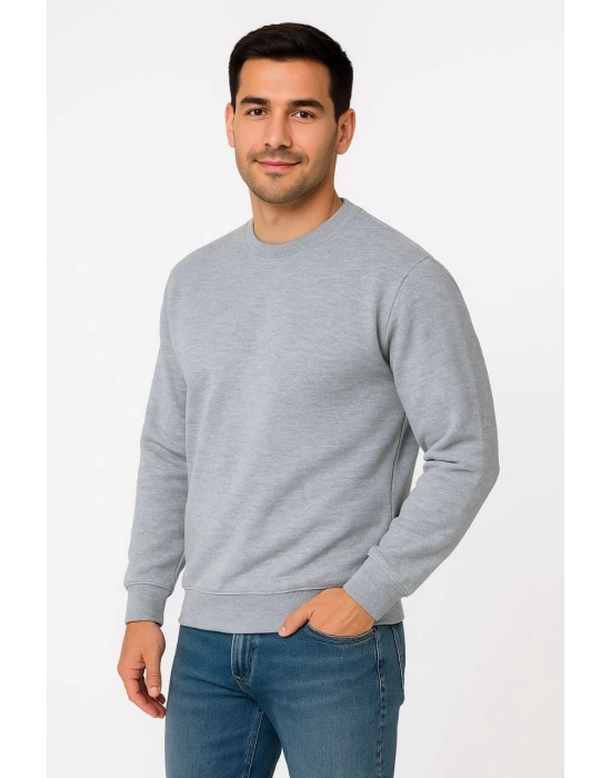 Erkek Üç İplik Düz Bisiklet Yaka SweatShirt - Gri