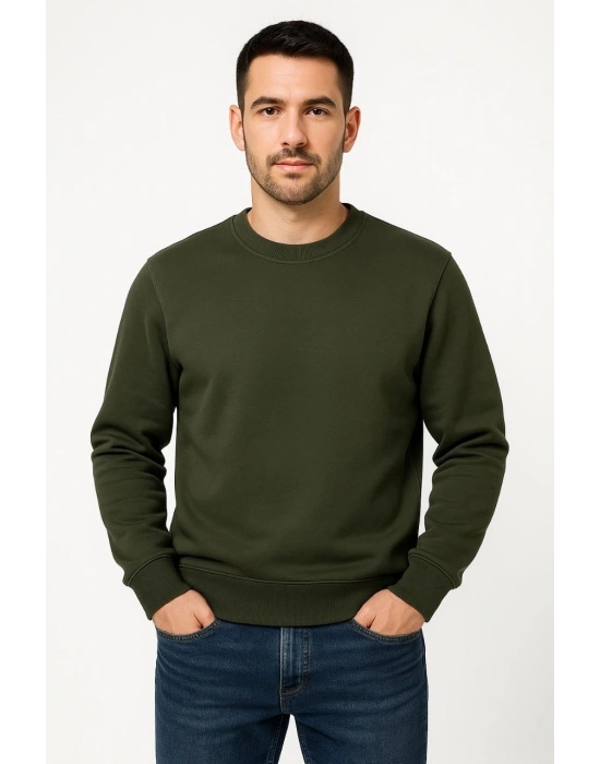 Erkek Üç İplik Düz Bisiklet Yaka SweatShirt - Haki