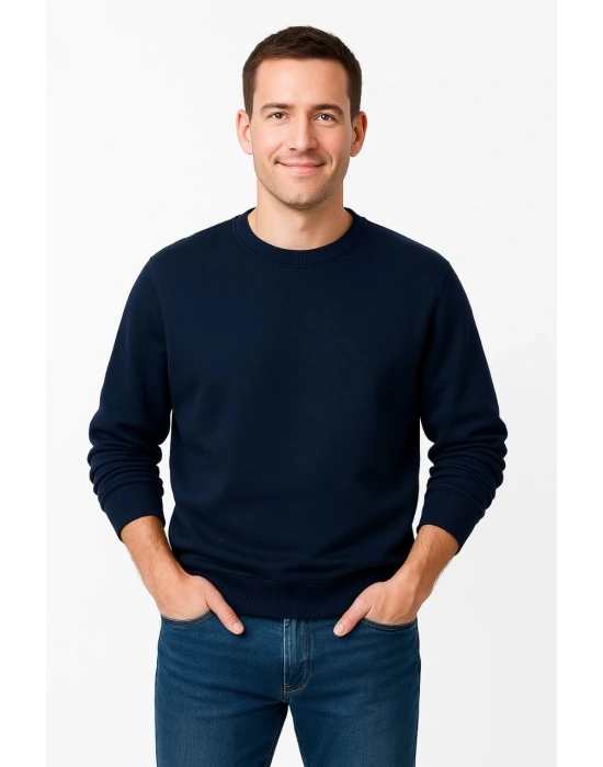 Erkek Üç İplik Düz Bisiklet Yaka SweatShirt - Lacivert