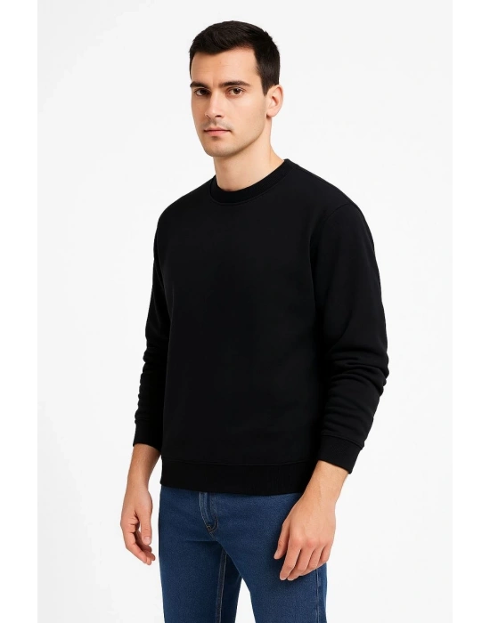 Erkek Üç İplik Düz Bisiklet Yaka SweatShirt - Siyah