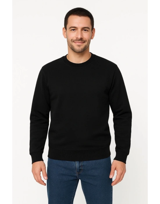 Erkek Üç İplik Düz Bisiklet Yaka SweatShirt - Siyah