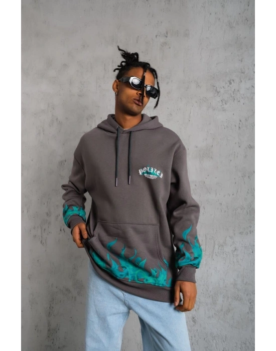 Erkek Üç İplik İçi Pamuklu Alev Baskılı Kapüşonlu Sweatshirt - Gri