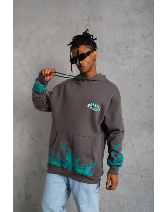 Erkek Üç İplik İçi Pamuklu Alev Baskılı Kapüşonlu Sweatshirt - Gri