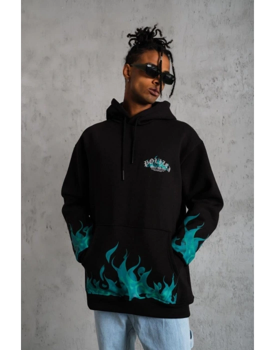 Erkek Üç İplik İçi Pamuklu Alev Baskılı Kapüşonlu Sweatshirt - Siyah