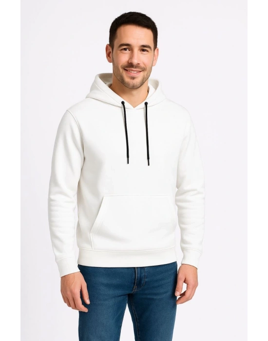 Erkek Üç İplik Kapüşonlu Kanguru Cepli SweatShirt hoodie - Beyaz