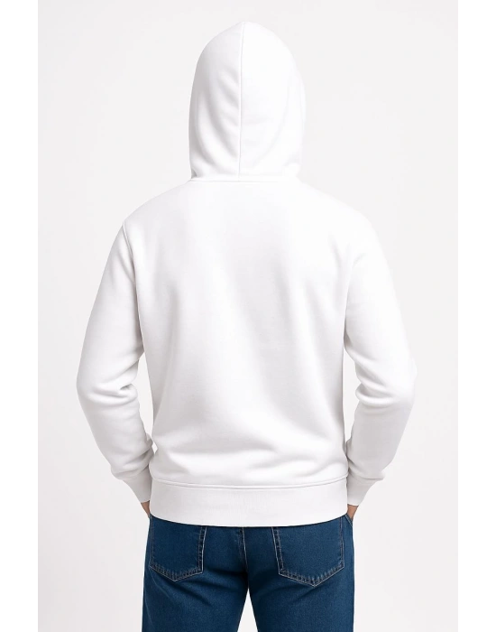 Erkek Üç İplik Kapüşonlu Kanguru Cepli SweatShirt hoodie - Beyaz