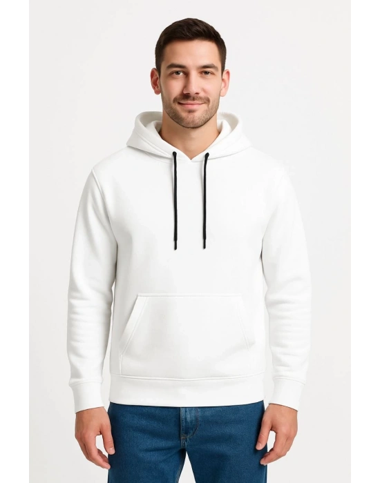 Erkek Üç İplik Kapüşonlu Kanguru Cepli SweatShirt hoodie - Beyaz