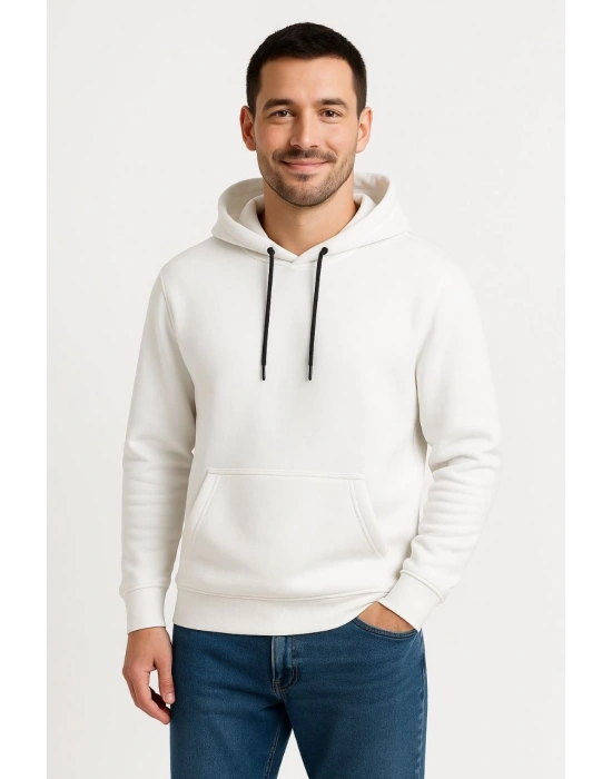 Erkek Üç İplik Kapüşonlu Kanguru Cepli SweatShirt hoodie - Beyaz