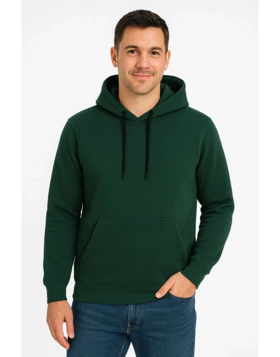 Erkek Üç İplik Kapüşonlu Kanguru Cepli SweatShirt hoodie - Haki