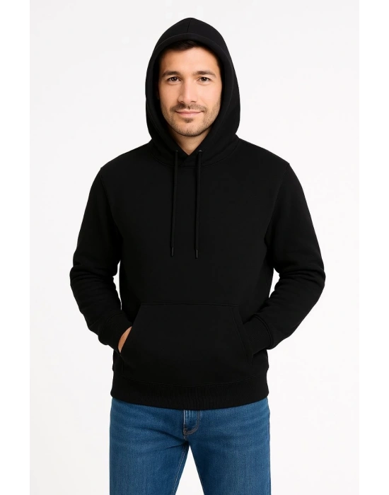 Erkek Üç İplik Kapüşonlu Kanguru Cepli SweatShirt hoodie - Siyah