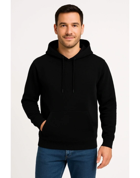 Erkek Üç İplik Kapüşonlu Kanguru Cepli SweatShirt hoodie - Siyah