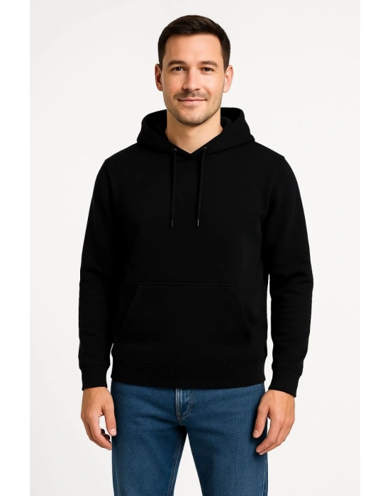 Erkek Üç İplik Kapüşonlu Kanguru Cepli SweatShirt hoodie - Siyah