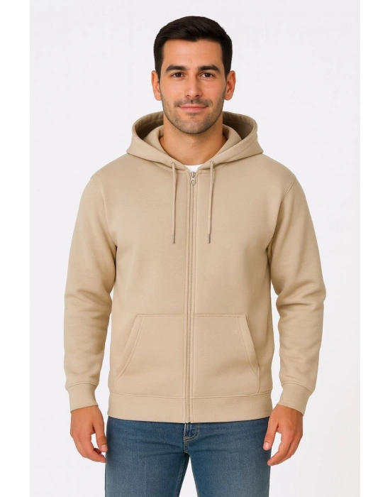 Erkek Üç İplik Kapüşonlu Tam Fermuarlı Kanguru Çepli SweatShirt Hoodie - Bej
