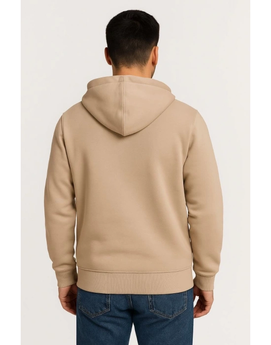 Erkek Üç İplik Kapüşonlu Tam Fermuarlı Kanguru Çepli SweatShirt Hoodie - Bej