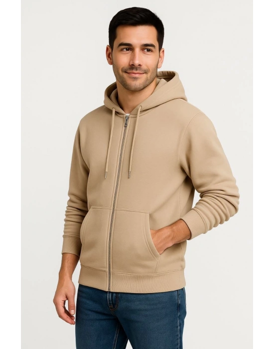 Erkek Üç İplik Kapüşonlu Tam Fermuarlı Kanguru Çepli SweatShirt Hoodie - Bej