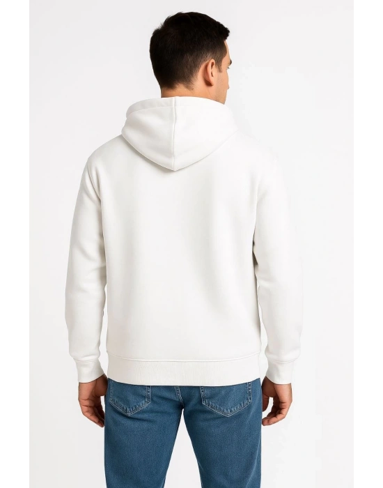 Erkek Üç İplik Kapüşonlu Tam Fermuarlı Kanguru Cepli SweatShirt Hoodie - Beyaz