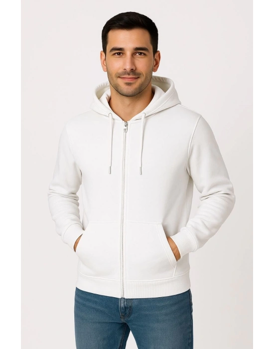 Erkek Üç İplik Kapüşonlu Tam Fermuarlı Kanguru Cepli SweatShirt Hoodie - Beyaz