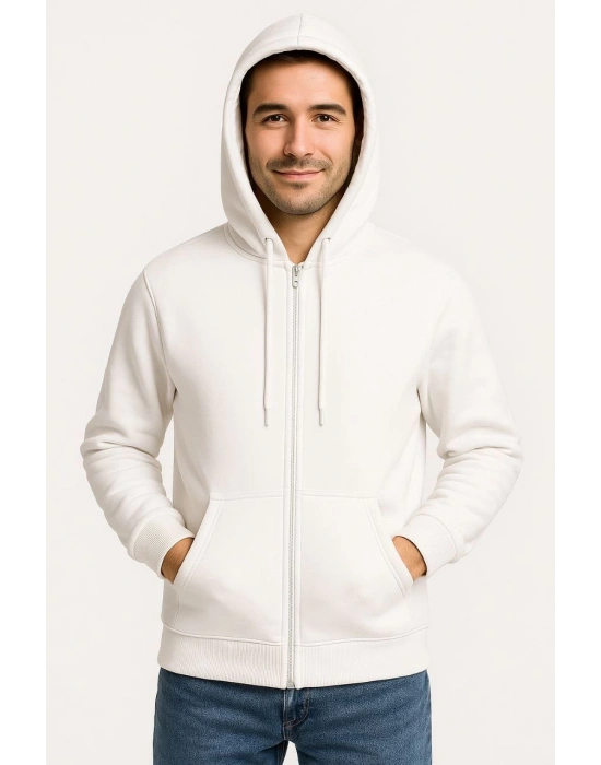 Erkek Üç İplik Kapüşonlu Tam Fermuarlı Kanguru Cepli SweatShirt Hoodie - Beyaz
