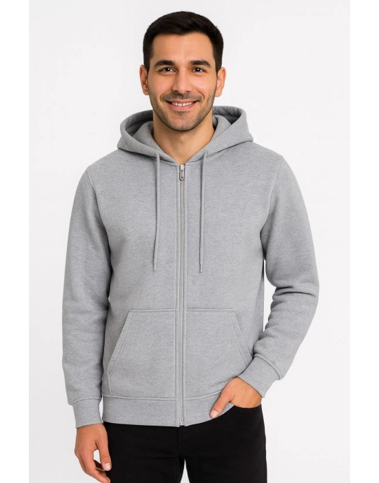 Erkek Üç İplik Kapüşonlu Tam Fermuarlı Kanguru Çepli SweatShirt Hoodie - Gri