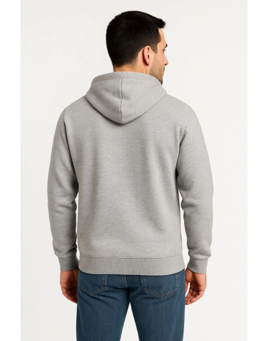 Erkek Üç İplik Kapüşonlu Tam Fermuarlı Kanguru Çepli SweatShirt Hoodie - Gri