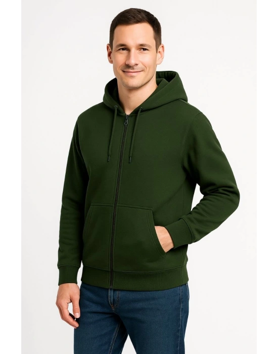 Erkek Üç İplik Kapüşonlu Tam Fermuarlı Kanguru Cepli Sweatshirt Hoodie - Haki