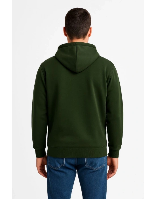 Erkek Üç İplik Kapüşonlu Tam Fermuarlı Kanguru Cepli Sweatshirt Hoodie - Haki