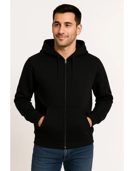 Erkek Üç İplik Kapüşonlu Tam Fermuarlı Kanguru Çepli SweatShirt Hoodie - Siyah
