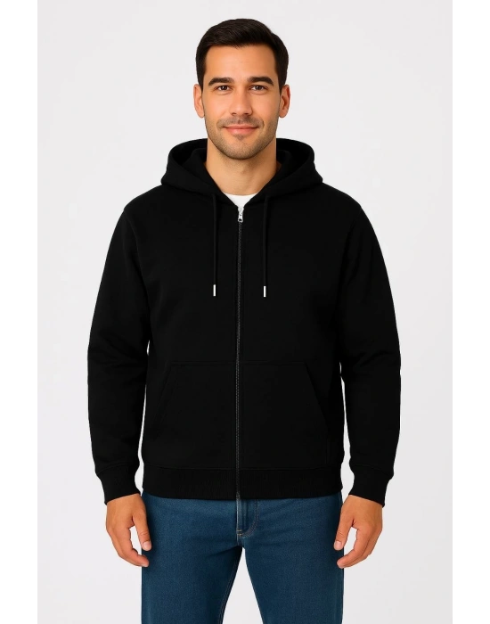 Erkek Üç İplik Kapüşonlu Tam Fermuarlı Kanguru Çepli SweatShirt Hoodie - Siyah