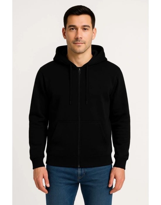 Erkek Üç İplik Kapüşonlu Tam Fermuarlı Kanguru Çepli SweatShirt Hoodie - Siyah