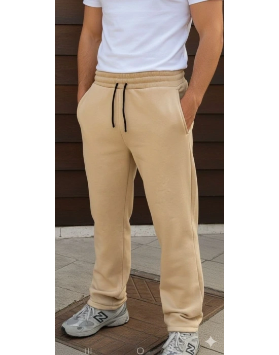 Erkek Üç iplik Kışlık Pamuklu Ovarsize Bağcıklı Düz Paça Cepli Eşofman Altı Spor Rahat Model - Bej