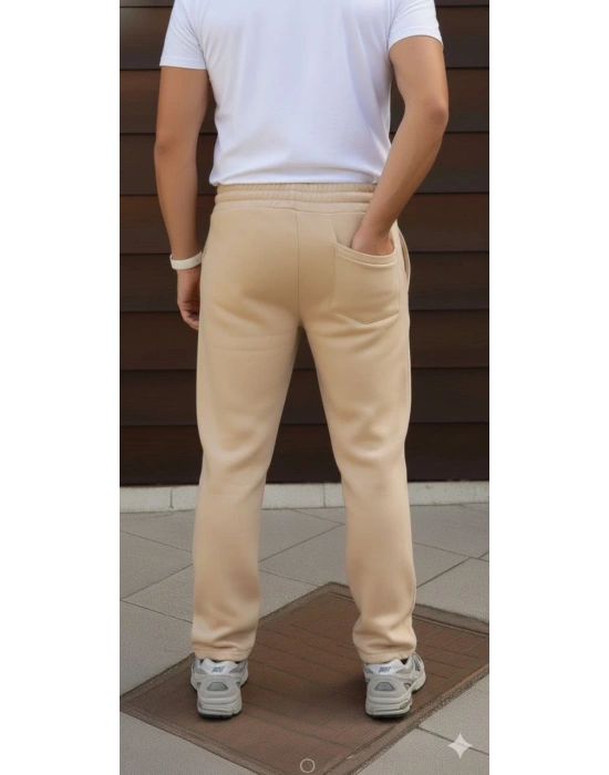 Erkek Üç iplik Kışlık Pamuklu Ovarsize Bağcıklı Düz Paça Cepli Eşofman Altı Spor Rahat Model - Bej