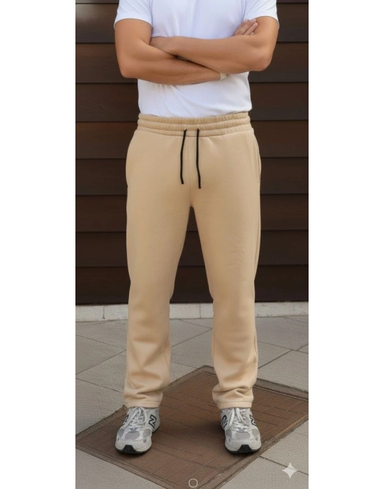 Erkek Üç iplik Kışlık Pamuklu Ovarsize Bağcıklı Düz Paça Cepli Eşofman Altı Spor Rahat Model - Bej