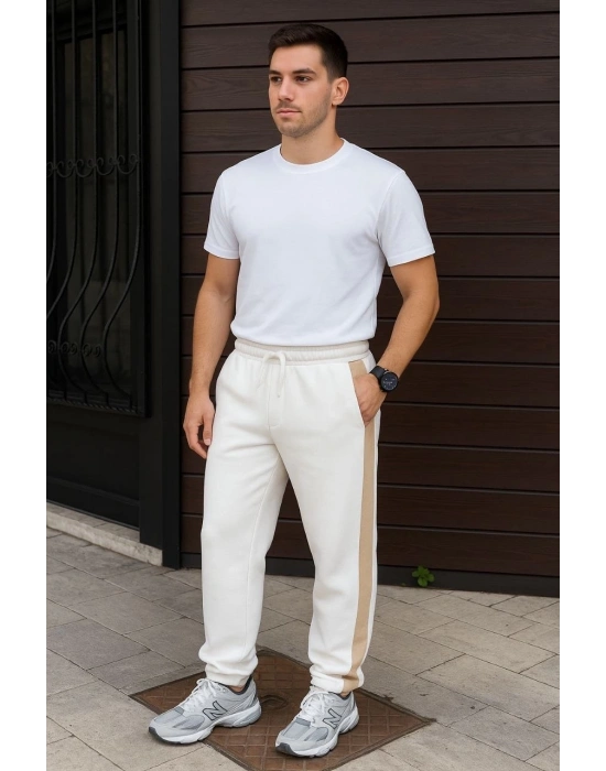 Erkek Üç İplik Kışlık Pamuklu Yandan Garneli Kalın Bej Şeritli Cepli Eşofman Altı - Beyaz