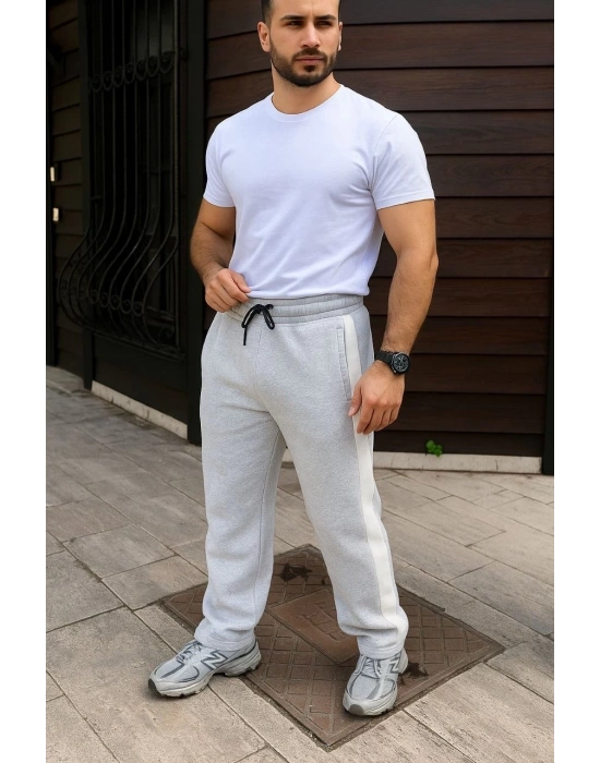 Erkek Üç İplik Kışlık Pamuklu Yandan Garneli Kalın Bej Şeritli Cepli Eşofman Altı - Gri