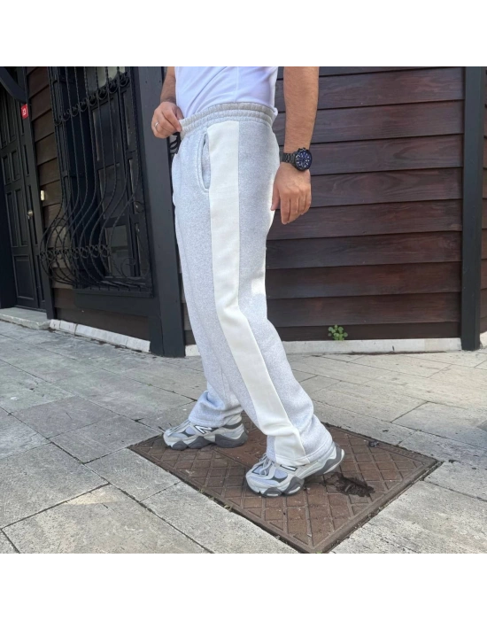 Erkek Üç İplik Kışlık Pamuklu Yandan Garneli Kalın Bej Şeritli Cepli Eşofman Altı - Gri