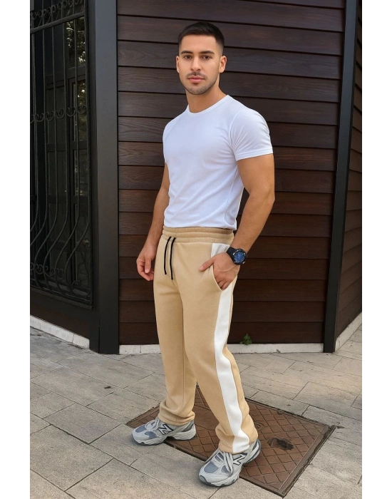 Erkek Üç İplik Kışlık Pamuklu Yandan Garneli Kalın Şeritli Cepli Eşofman Altı - Bej