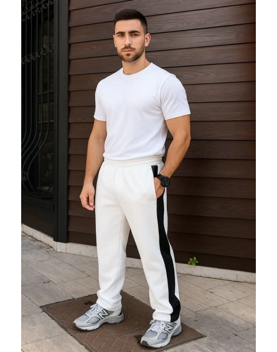 Erkek Üç İplik Kışlık Pamuklu Yandan Garneli Kalın Şeritli Cepli Eşofman Altı - Beyaz