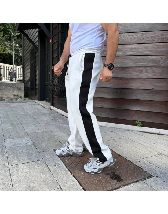 Erkek Üç İplik Kışlık Pamuklu Yandan Garneli Kalın Şeritli Cepli Eşofman Altı - Beyaz