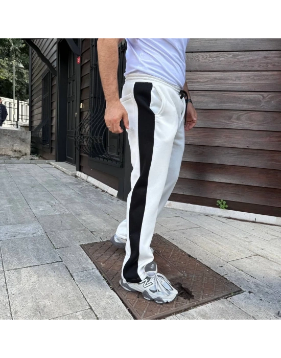 Erkek Üç İplik Kışlık Pamuklu Yandan Garneli Kalın Şeritli Cepli Eşofman Altı - Beyaz