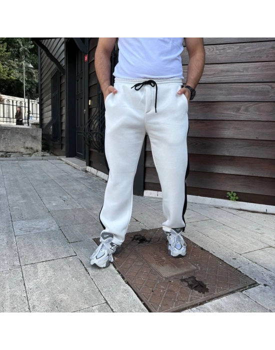 Erkek Üç İplik Kışlık Pamuklu Yandan Garneli Kalın Şeritli Cepli Eşofman Altı - Beyaz