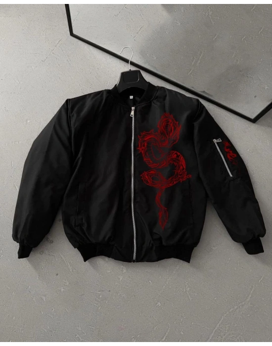 Erkek Siyah Bomber Mont – Kırmızı Ejderha Desenli, Fermuarlı Cepli, Kapitone Astarlı Günlük ve Sokak Modası Ceket - Siyah