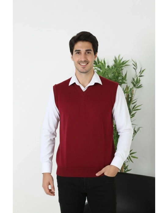 Erkek V Yaka Kolsuz Süveter Triko Kazak yumuşak dokulu Pamuklu ince Dokuma Rahat Regular kalıp - Bordo