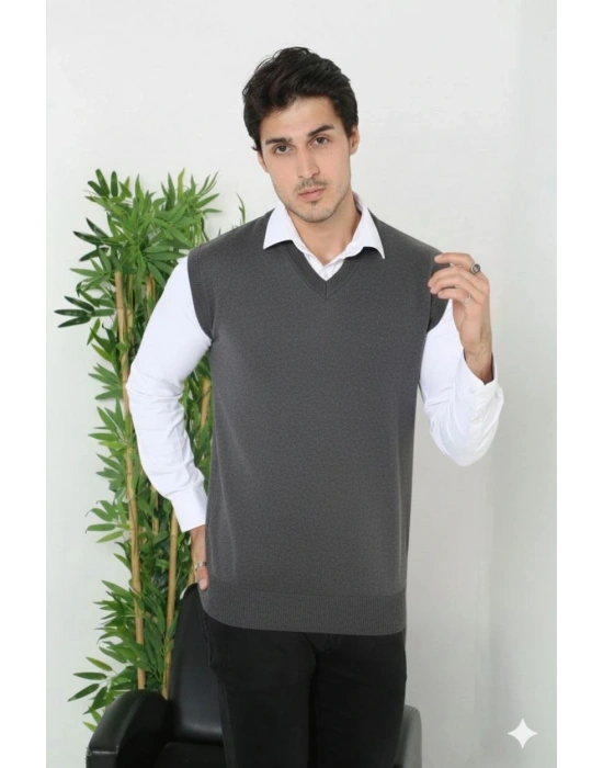 Erkek V Yaka Kolsuz Süveter Triko Kazak yumuşak dokulu Pamuklu ince Dokuma Rahat Regular kalıp - Füme