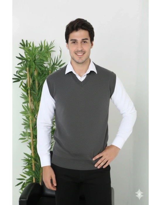 Erkek V Yaka Kolsuz Süveter Triko Kazak yumuşak dokulu Pamuklu ince Dokuma Rahat Regular kalıp - Füme