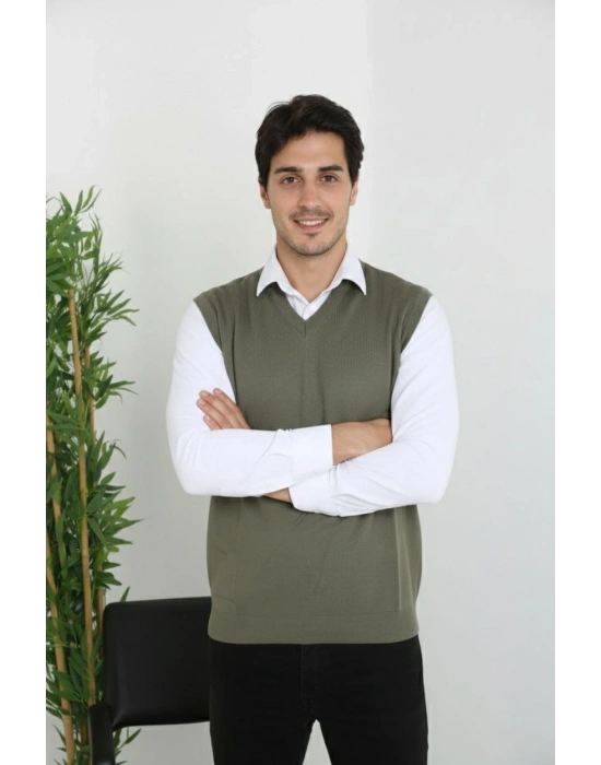 Erkek V Yaka Kolsuz Süveter Triko Kazak yumuşak dokulu Pamuklu ince Dokuma Rahat Regular kalıp - Haki