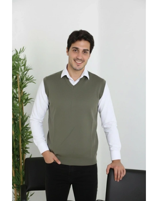 Erkek V Yaka Kolsuz Süveter Triko Kazak yumuşak dokulu Pamuklu ince Dokuma Rahat Regular kalıp - Haki