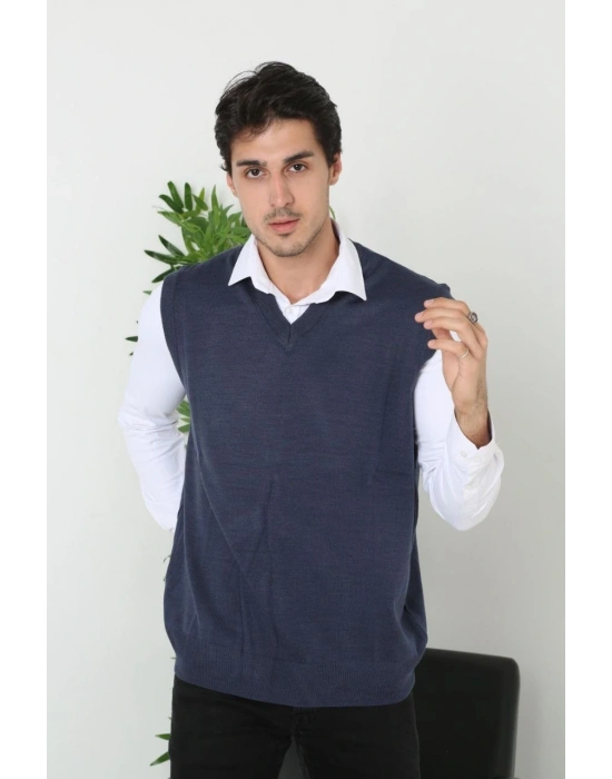 Erkek V Yaka Kolsuz Süveter Triko Kazak yumuşak dokulu Pamuklu ince Dokuma Rahat Regular kalıp - Lacivert