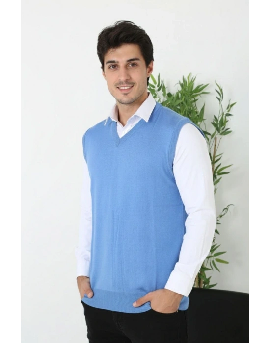 Erkek V Yaka Kolsuz Süveter Triko Kazak yumuşak dokulu Pamuklu ince Dokuma Rahat Regular kalıp - Mavi