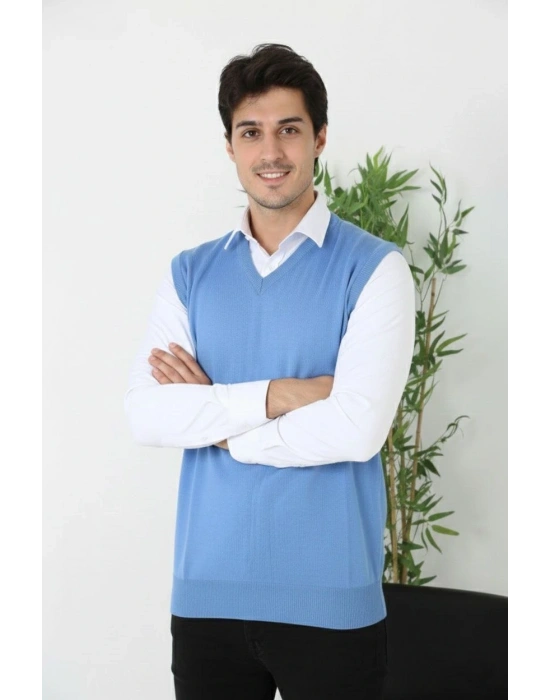 Erkek V Yaka Kolsuz Süveter Triko Kazak yumuşak dokulu Pamuklu ince Dokuma Rahat Regular kalıp - Mavi